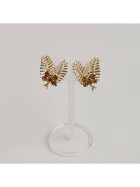 Vintage Coro Floral Branch Stud Earrings Orange Rhinestones Gold Tone Clip On